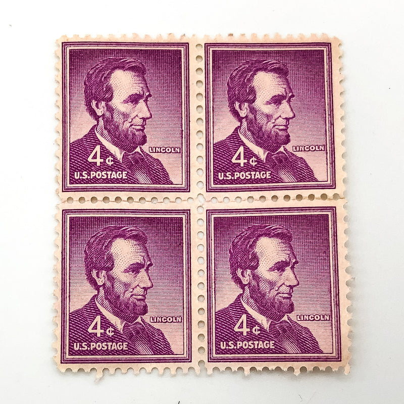 1954 Abraham Lincoln 4 Cent Stamp Block of 4 Purple Liberty Series Back Damage