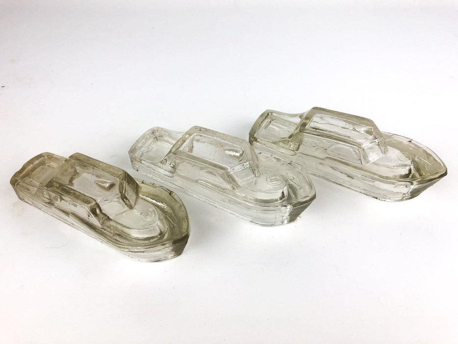 3 Glass Military Boats Candy Container Clear Bottom Open Serialized 10, 11, 12 2