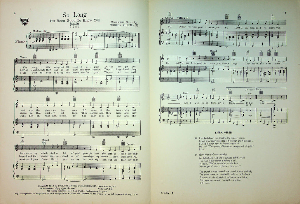 Vintage Sheet Music So Long It's Been Good To Know Yuh Woody Guthrie The Weavers 2