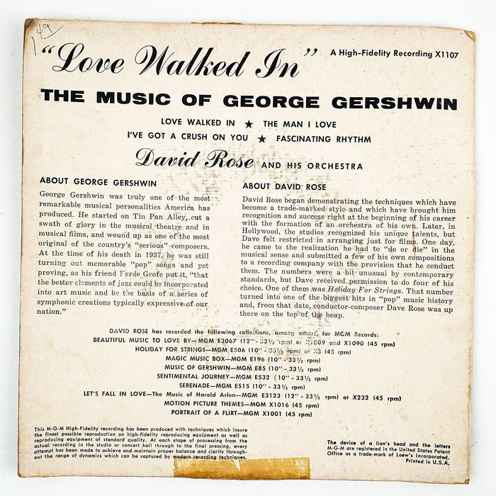 David Rose Love Walked In Music of George Gershwin Record 45 RPM EP X1107 MGM 2