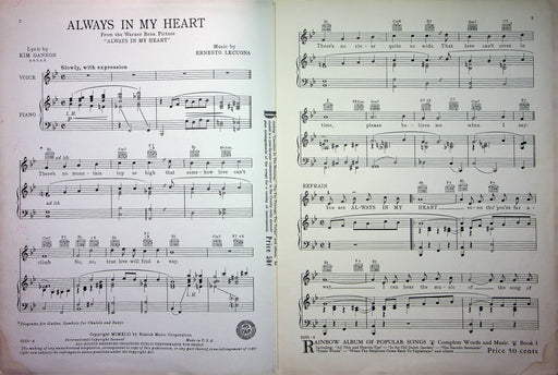 Always In My Heart Sheet Music Song Lyrics 1942 Kay Francis Ernesto Lucuona 2