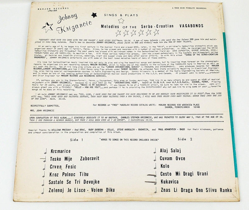 Johnny Krizancic Sings Melodies Of Serbo-Croation Vagabonds Record 33 RPM LP 2