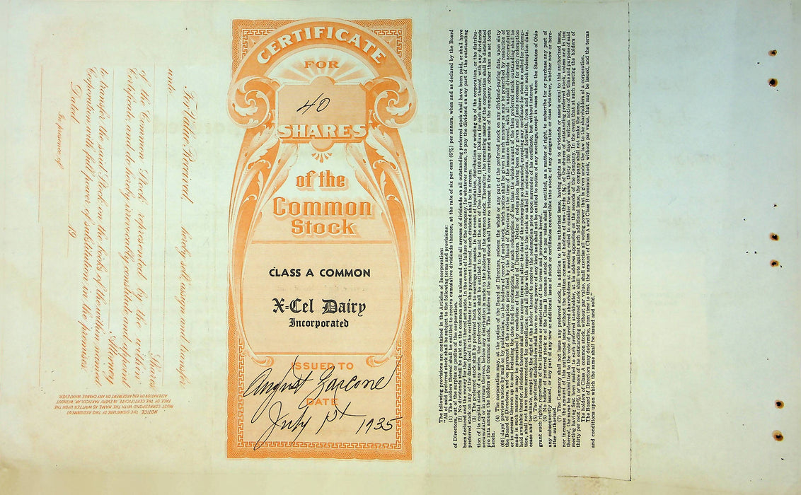 X-Cel Dairy Company Stock Certificate Bond Scripophilly Akron Ohio 1935 No 15