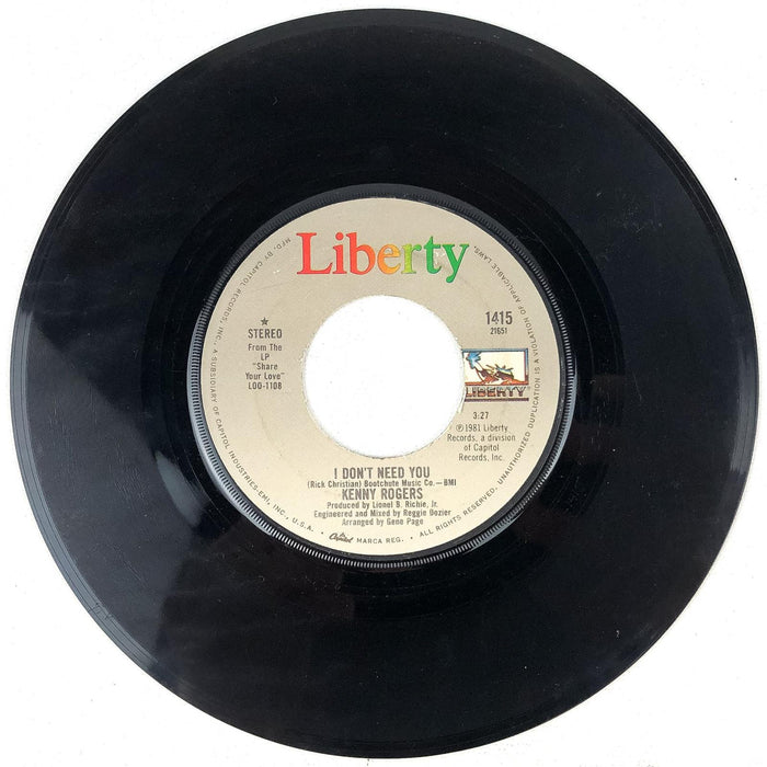 Kenny Rogers 45 RPM Record I Don't Need You / Without You in My Life Liberty Rec 2