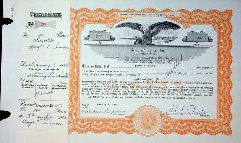 Reiter Dairy Company Stock Certificate Bond Scripophilly Akron Ohio 1965 No 206