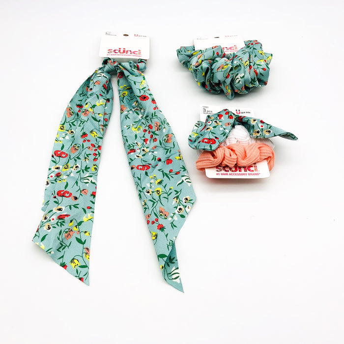 5-Piece Scunci Scrunchies Scarves Hair Ties Green Floral Wild Flowers Summer