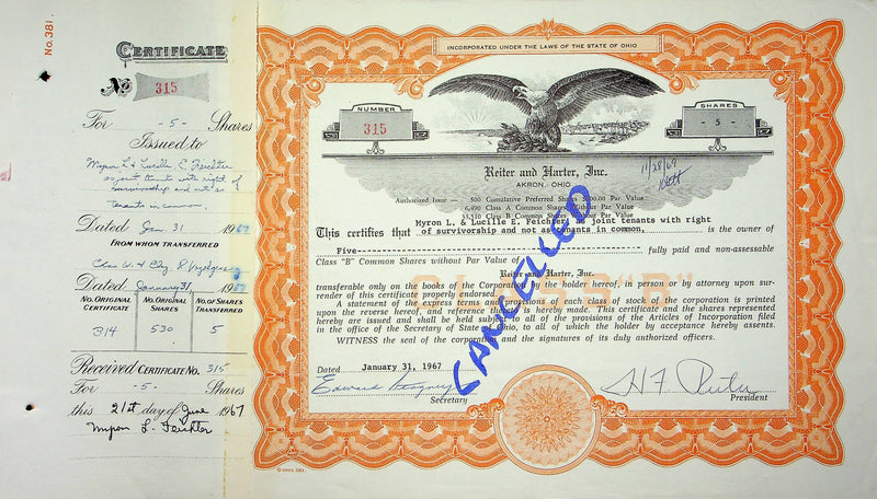 Reiter Dairy Company Stock Certificate Bond Scripophilly Akron Ohio 1967 No 315