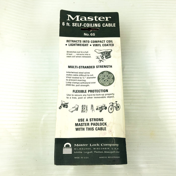 Master Steel Cable 6 ft Double Loop Lock Self Coil Vinyl Coated New NOS 65-0540