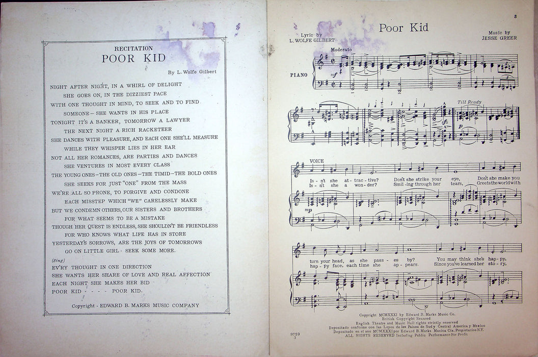 Sheet Music Poor Kid Ben Bernie L Wolfe Gilbert Jesse Greer 1931 Fox Trot 2