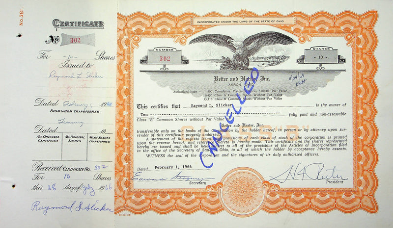 Reiter Dairy Company Stock Certificate Bond Scripophilly Akron Ohio 1966 No 302