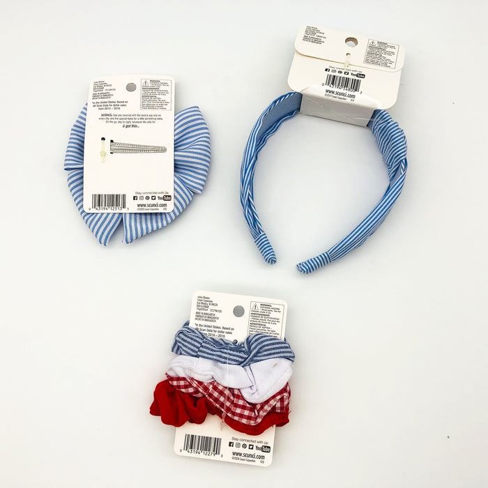 5-Piece Scunci Headband Scrunchies Bow Clip Lot Blue White Stripes Light Summer