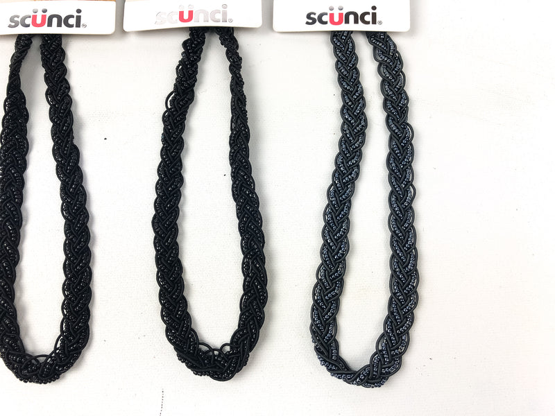 3-PK Scunci Beaded Headwrap Black Silver Metallic Beads Hair Wrap Style 38214-A