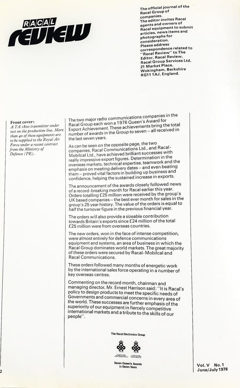 Racal Review Journal for June & July 1976 - 18 Pages, RA 2309 & More