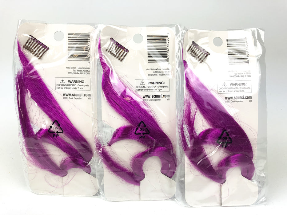 Lot of 3 Scunci Hot Streaks 18" Clip On Faux Hair Strands Purple 38449-A