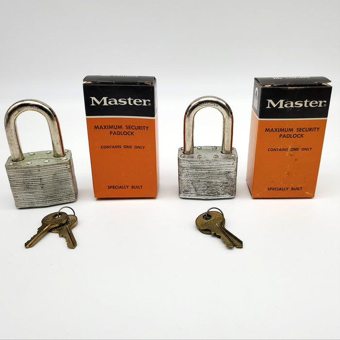 2x Master Lock Padlocks No 5. 1-7/8" Shackle Keyed Alike Milwaukee USA NOS