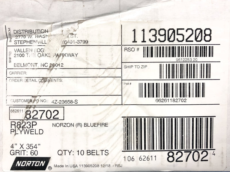 2-Pk Norton 66261182702 Sanding Belt Bluefire R823P 4" x 254" Coated Medium 60G 4