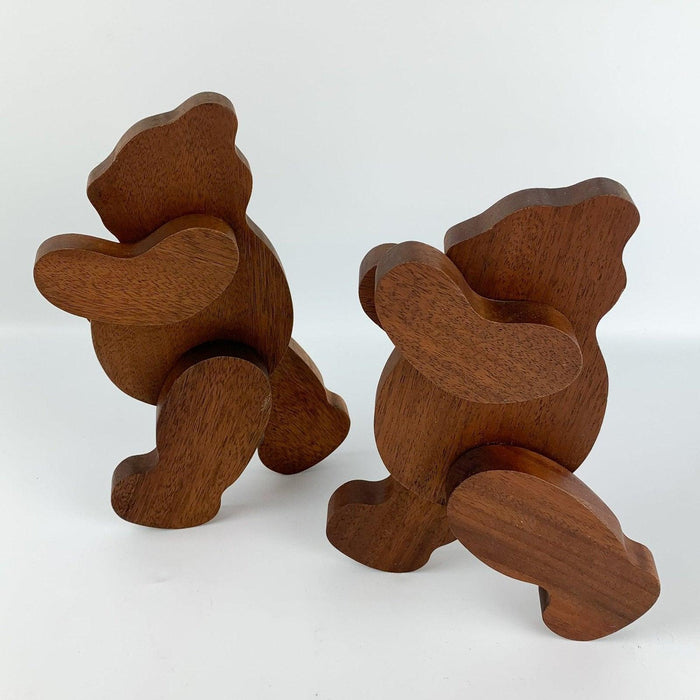 Pair of Wooden Teddy Bear Figurines Folk Art Rustic Cut Out Wood Stained 3