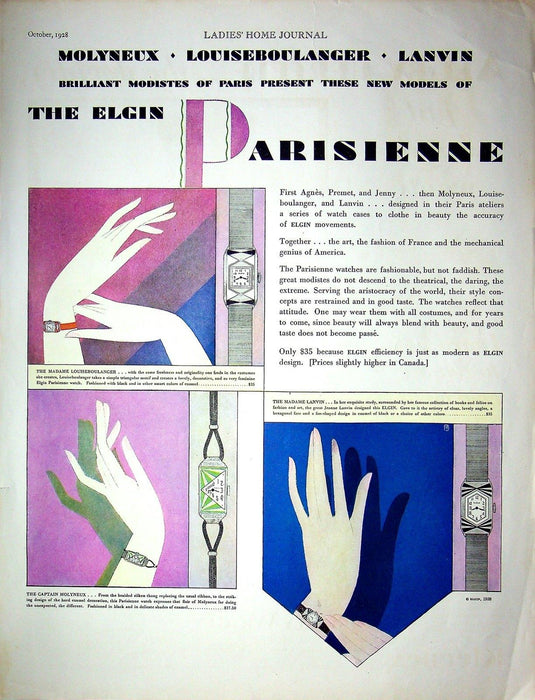 1928 Elgin Parisienne Watch Print Ad Madame Lanvin, Captain Molyneux 14"x10" 1