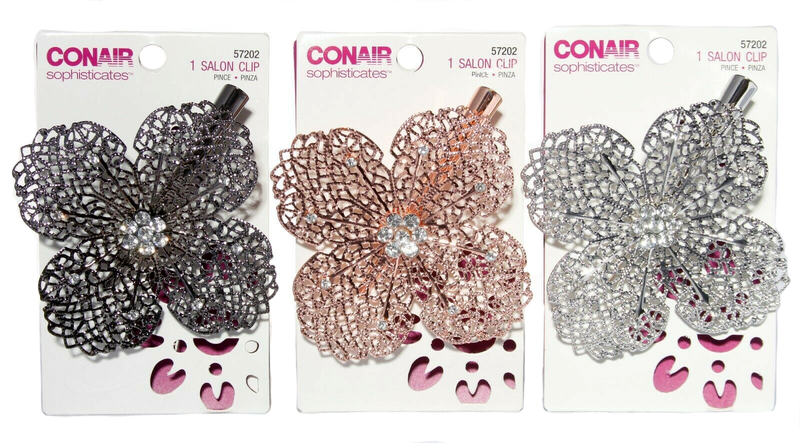 3 Conair Sophisticates Modern Glam Salon Clips Flower Silver/Rose Gold/Pewter