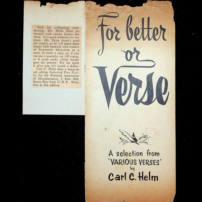 Christian Poetry Booklet 1954 For Better Or Verse Carl C. Helm Sunshine Magazine