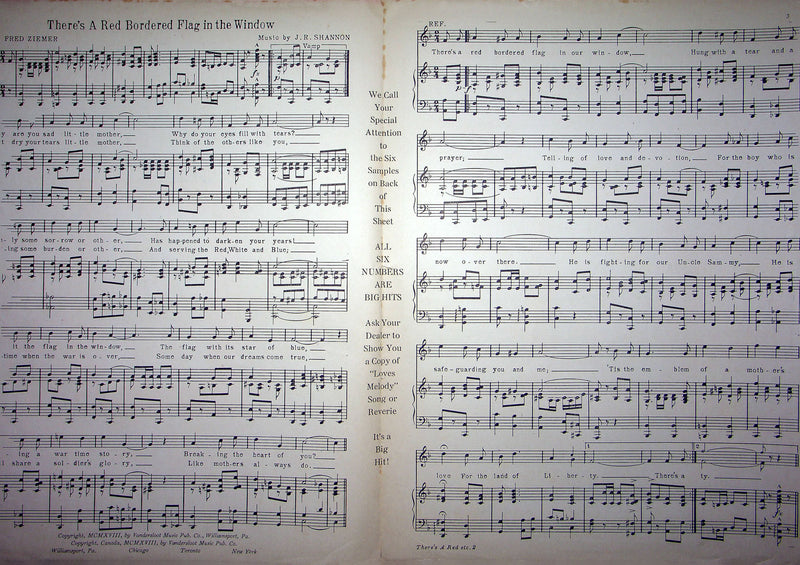 Sheet Music There's A Red Bordered Flag In The Window Fred Ziemer 1918 WW1 Song 2