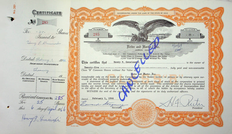 Reiter Dairy Company Stock Certificate Bond Scripophilly Akron Ohio 1966 No 285