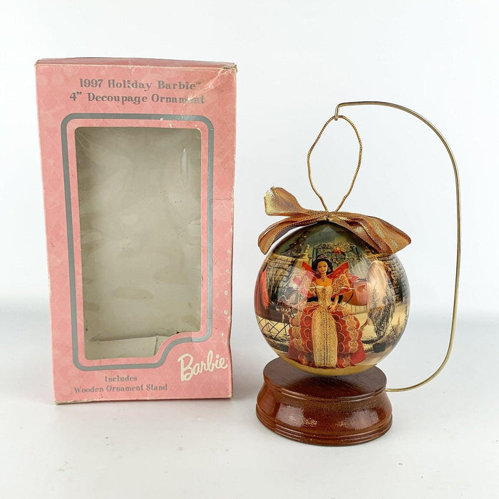 1997 Holiday Barbie 4" Decoupage Ornament w/ Wood Stand & Box 5