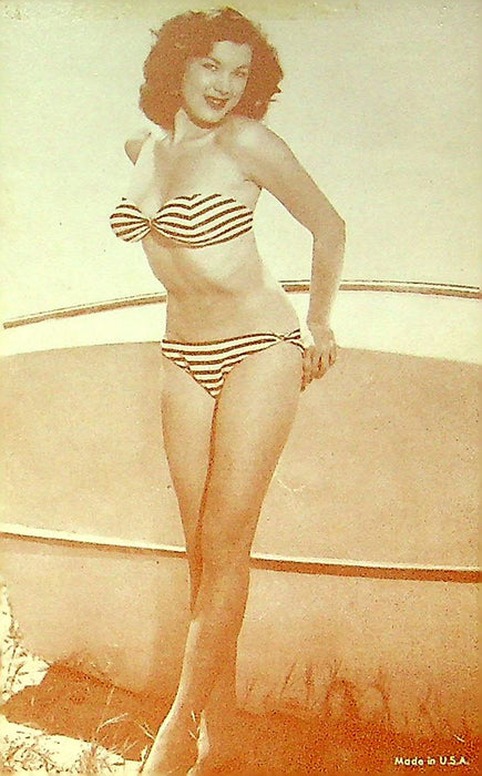 50s Pin Up Promo Photo Card Woman Wavy Hair Bikini Swimsuit Striped Beach Boat 3