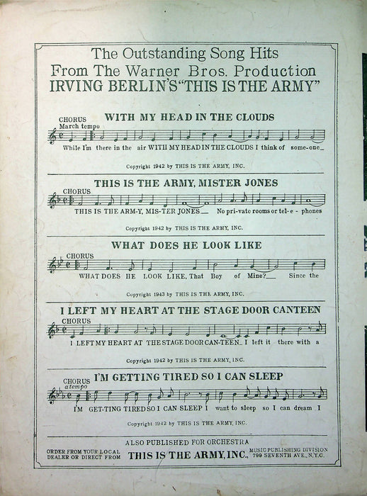 This Is The Army Sheet Music Irving Berlins With My Head In The Clouds 1942 WW2 3