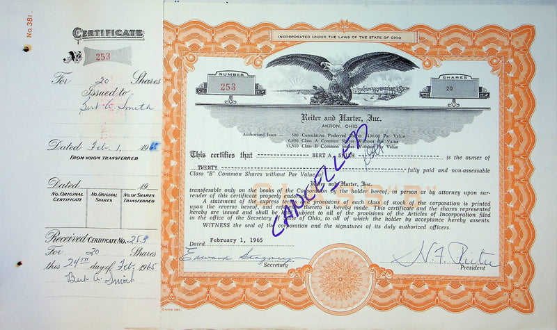 Reiter Dairy Company Stock Certificate Bond Scripophilly Akron Ohio 1965 No 253