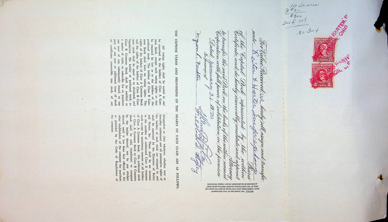 Reiter Dairy Company Stock Certificate Bond Scripophilly Akron Ohio 1965 No 226