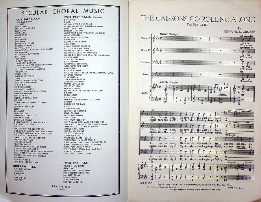Sheet Music The Caissons Go Rolling Along Edmund Gruber Hugo Frey 1944 WW2 Song 2
