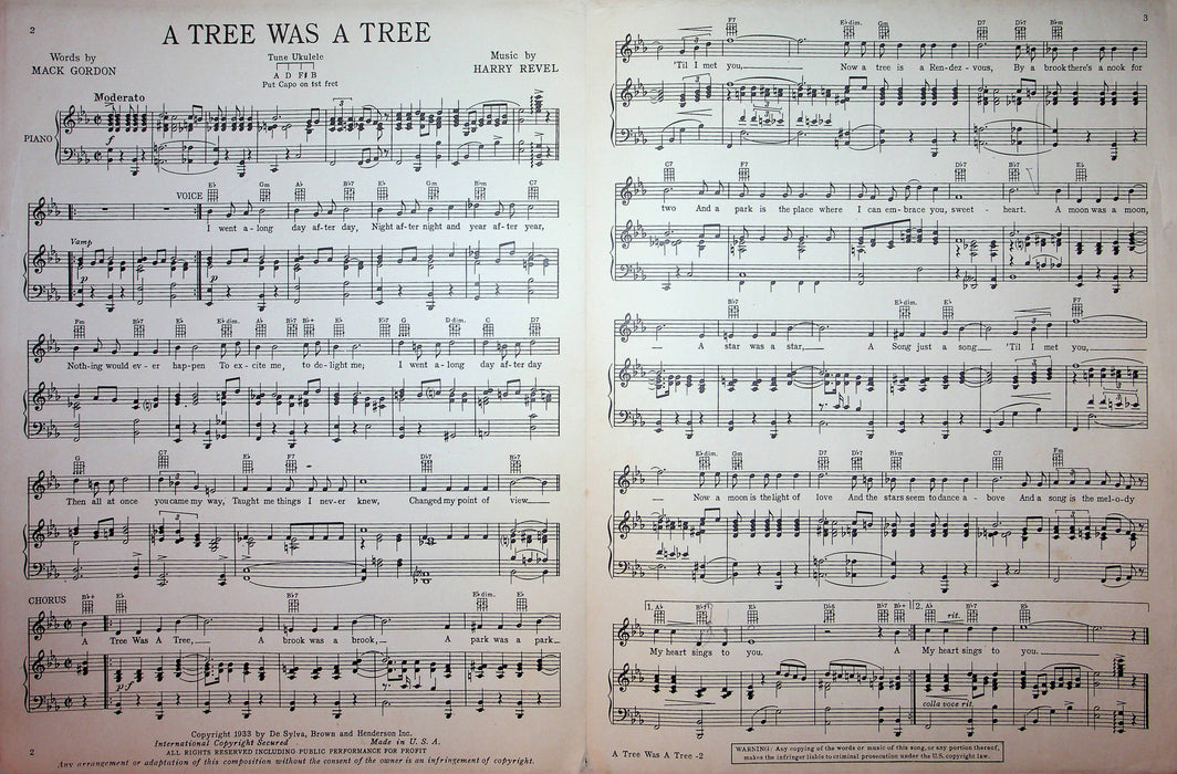 A Tree Was A Tree Sheet Music Harry Revel Mack Gordon 1933 Piano Vocal Song 3