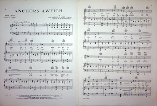 Sheet Music Anchors Aweigh Capt Alfred Miles Chas Zimmerman 1943 WW2 US Navy 2