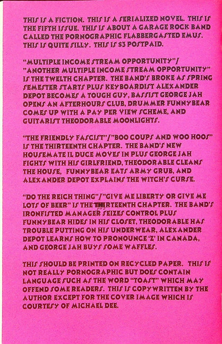 The Pornographic Flabbergasted Emus 2003 No. 5 Serialized Novel Zine