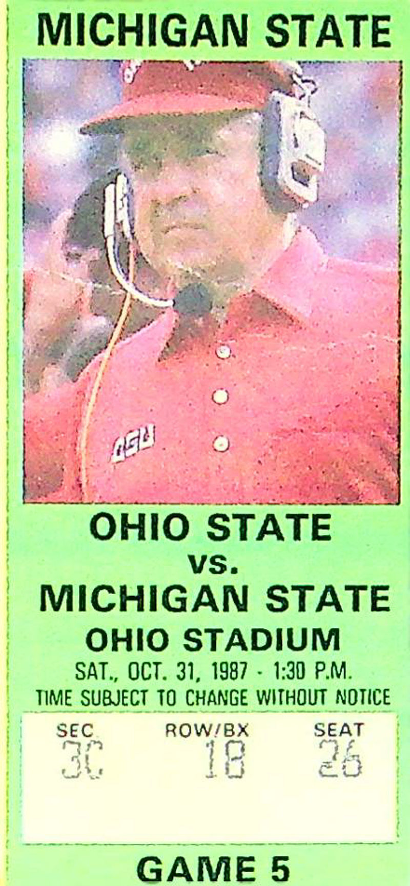 Ohio State Buckeye Football Game Ticket Stub Oct 1987 Vs. Michigan State Spartan