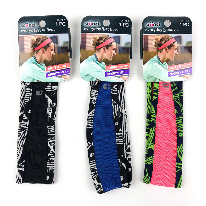 3-PK Scunci Sporty Mesh Headwrap Hair Wrap Comfy Pink Blue Black Style 2047-A