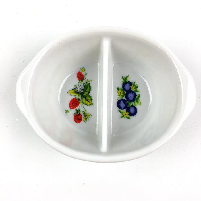 Divided Jam Jelly Dish White Porcelain w/ Strawberries Blueberries No Spoon 4.5"