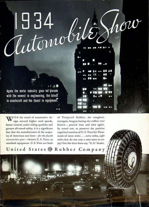 1934 United States Rubber Co. Automobile Show Print Ad "x"