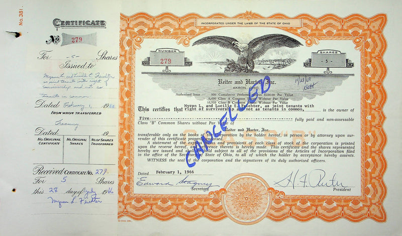 Reiter Dairy Company Stock Certificate Bond Scripophilly Akron Ohio 1966 No 279