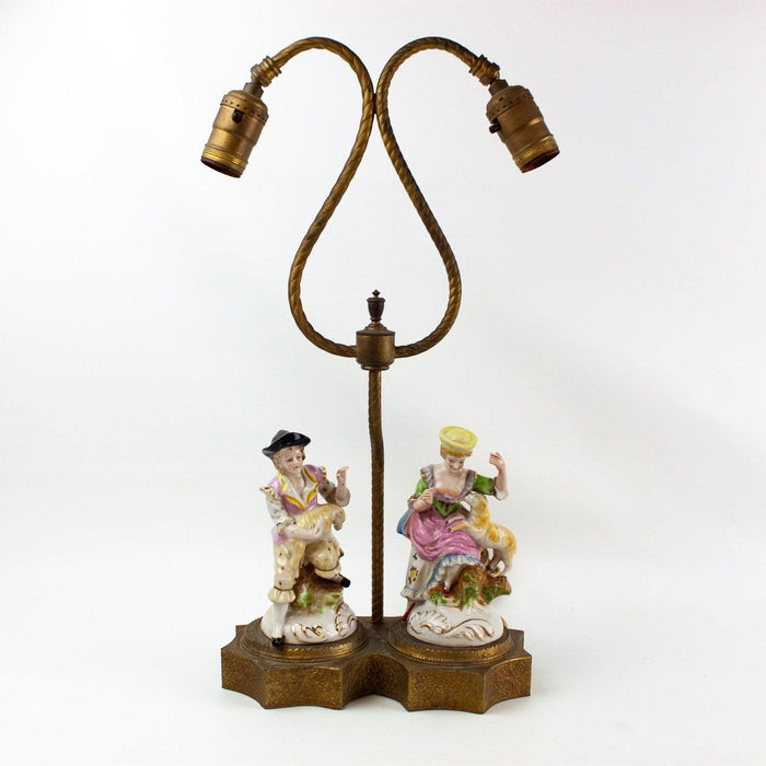 Occupied Japan Lady Lamp Double Student French Provincial Man Woman Sheep 19" 1