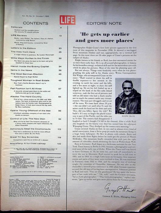 Life Magazine October 1 1965 Vol 59 #14 Picture essay of Alaska, Willie Mays