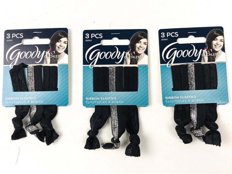 9-pcs Goody Ponytail Hair Ties Bows Ribbon Elastics Black Silver Sparkle 06965