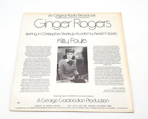 Ginger Rogers Kitty Foyle Radio Broadcast 33 RPM LP Record Mark56 Records 1975 2