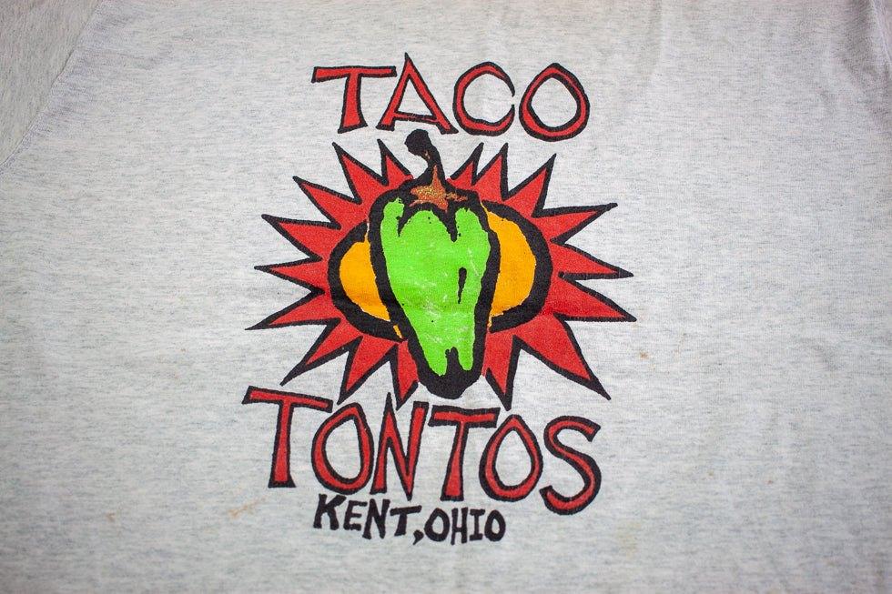 Vintage Food Restaurant Tshirt Mens Large Gray "Taco Tontos" Kent Ohio KSU Flash 2