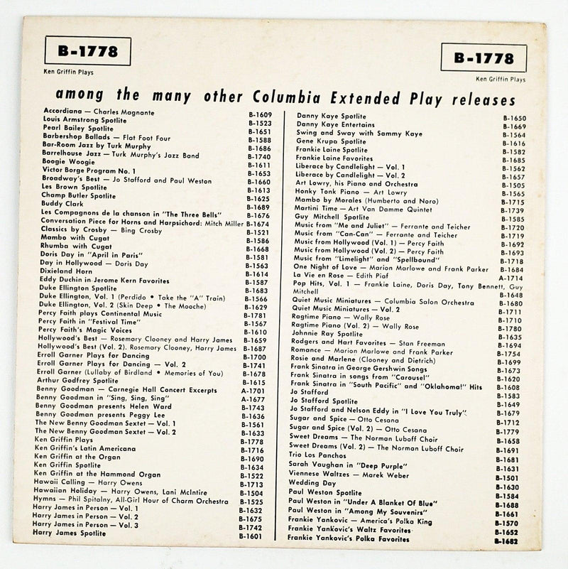 Ken Griffin Plays Dreamer of Dreams, If you Knew Susie Record 45 RPM EP Columbia 2