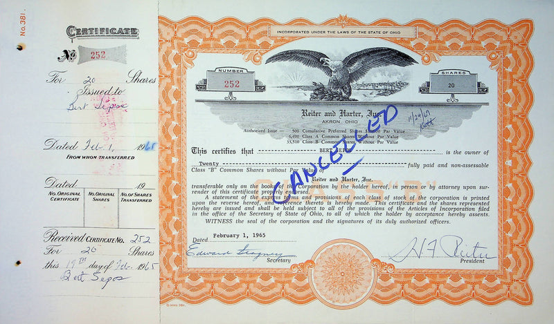 Reiter Dairy Company Stock Certificate Bond Scripophilly Akron Ohio 1965 No 252