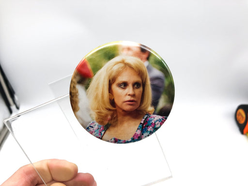 Political Pinback Picture Button 1990s Blonde Haired Female Woman Flower Dress 2