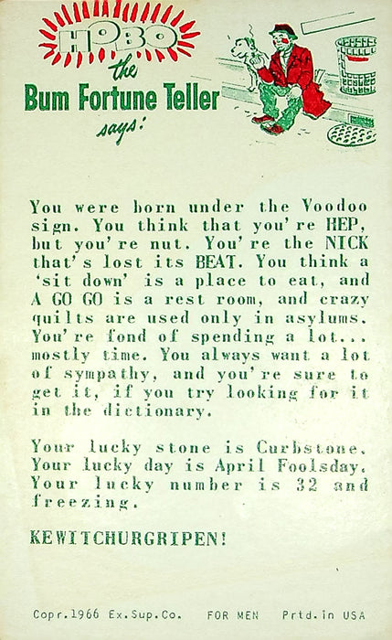 1966 Exhibit Supply Co Humor Card Hobo The Bum Fortune Tellar Clown Postcard