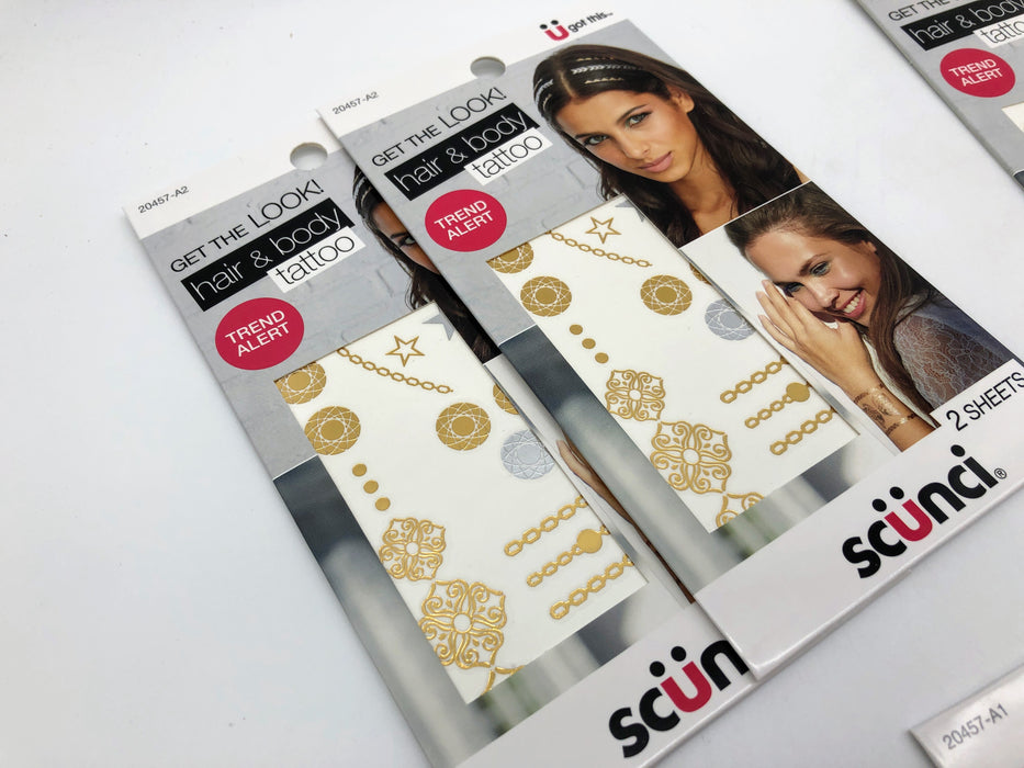 12-Sheets Scunci Hair Body Tattoo Art Motif Metallic Party Gold Silver 20457-A2